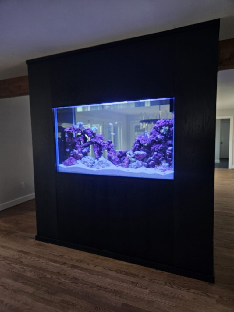 A large built-in aquarium with purple rocks and white sand is set in a dark wall divider inside a modern room.