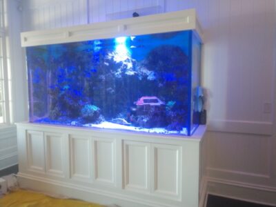 Large saltwater aquarium with coral, rocks, and a decorative sunken ship inside a white-paneled cabinet structure.