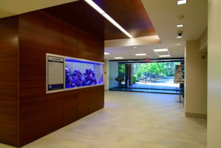 A modern lobby with a built-in aquarium, wall directory, and glass doors leading to an outdoor area.