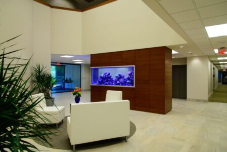 Modern office lobby with white chairs, a fish tank set in a wooden wall, plants, and an elevator in the background.
