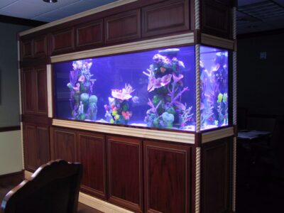 Large built-in aquarium with colorful artificial coral and plants in a wooden-paneled cabinet in a dimly lit room.
