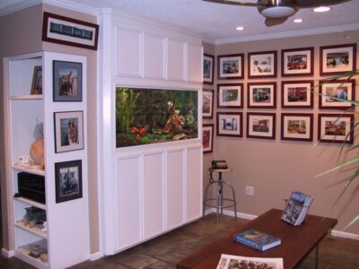 Room with a built-in aquarium, framed photos on the wall, shelves with decor, and a coffee table with magazines.
